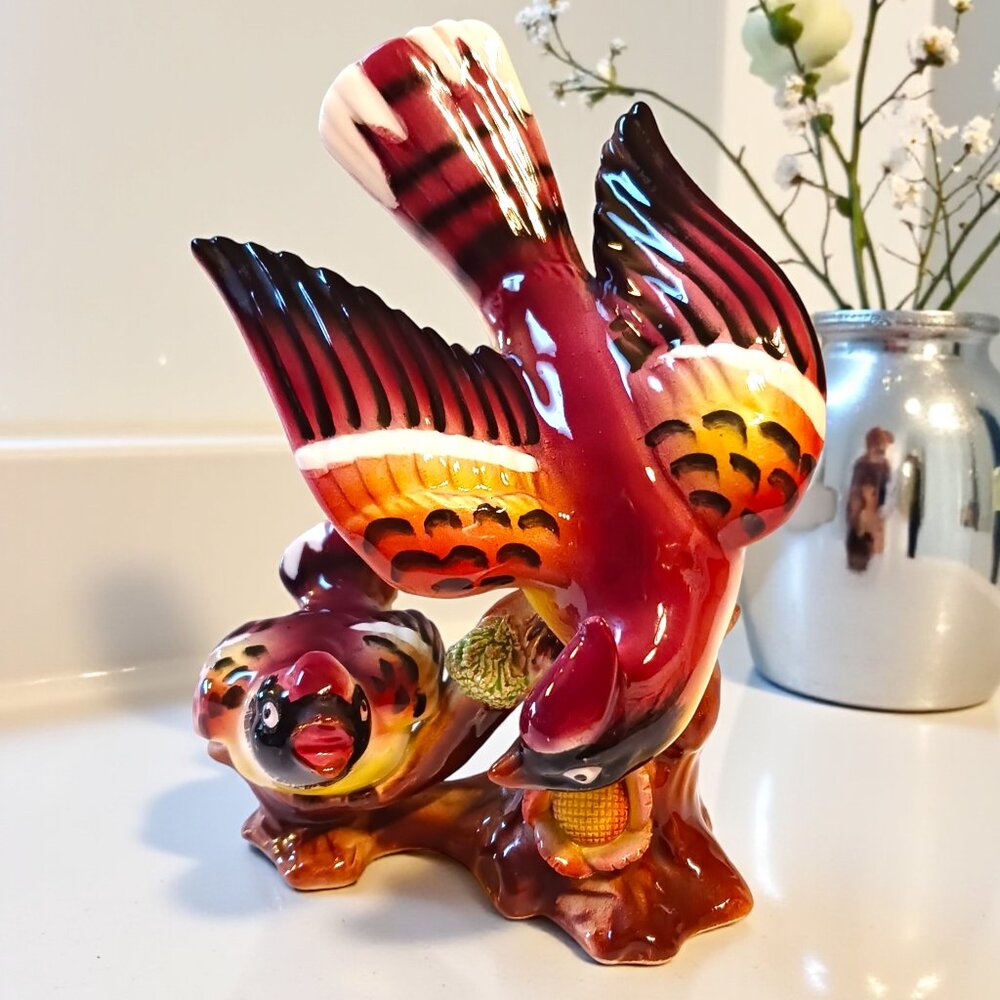 VTG Japan Ceramic Stellar’s Jay Bird Figurine Mother and Baby Mid Century